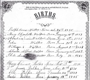 From an undocumented Walker family bible. It is not likely Abraham or Ann's based on the entries. The recorded dates of birth for their children were all done at the same time (no variation in hand or ink except for Abraham's middle name), but the children below were added later. Also the children below are the 1st child of Abraham (Jr) and the first 3 of John's 4 children. 