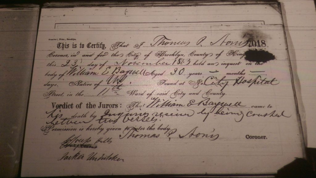 1863 Coroner's findings/death certificate for William Bagwell